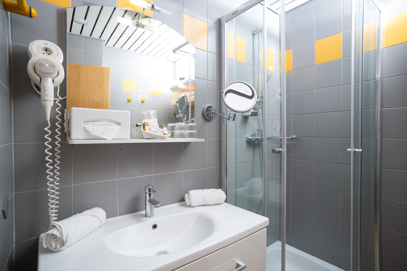 Bathroom of Suite Typ A with shower, washbasin, cosmetic mirror and hairdryer