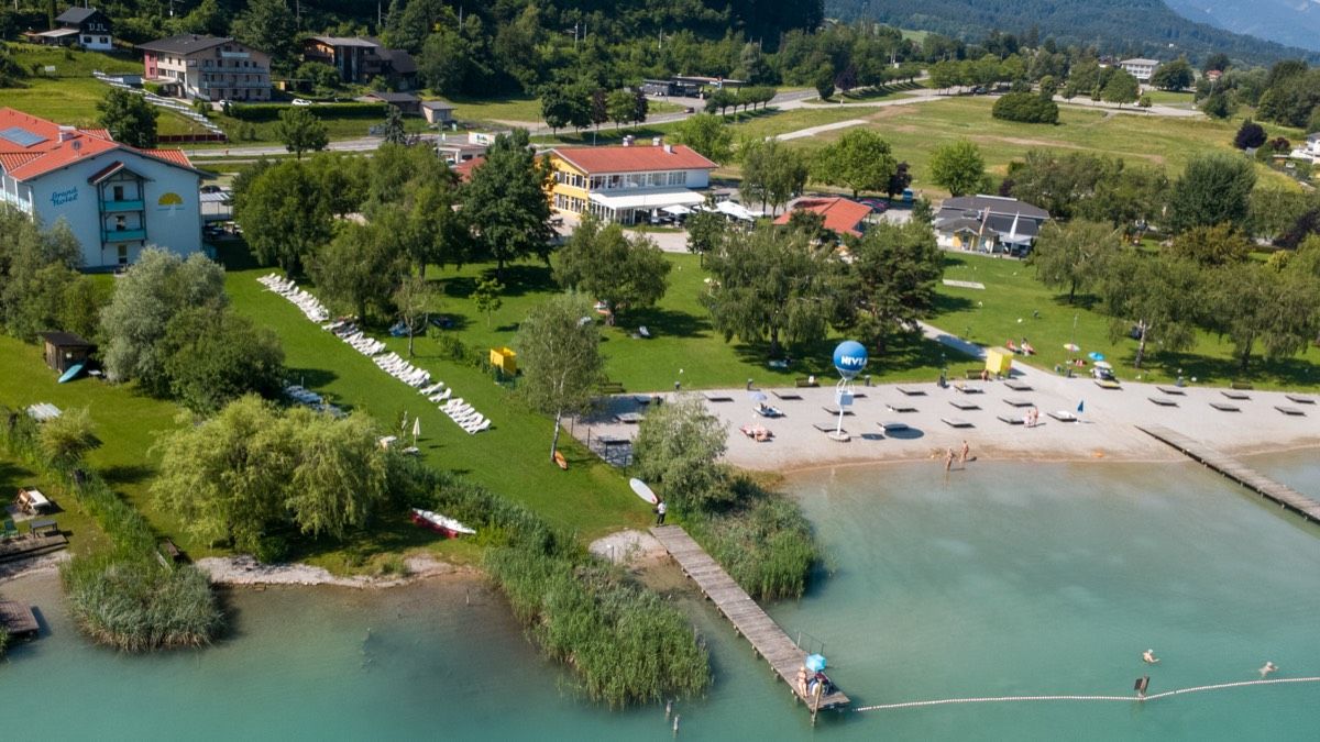 Aerial view of Strandhotel Faak on Lake Faak