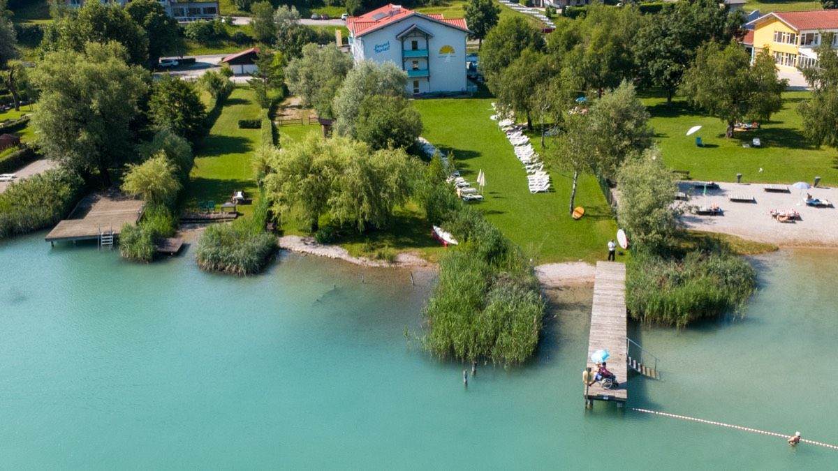 Aerial view of the beach and jetty on Lake Faak